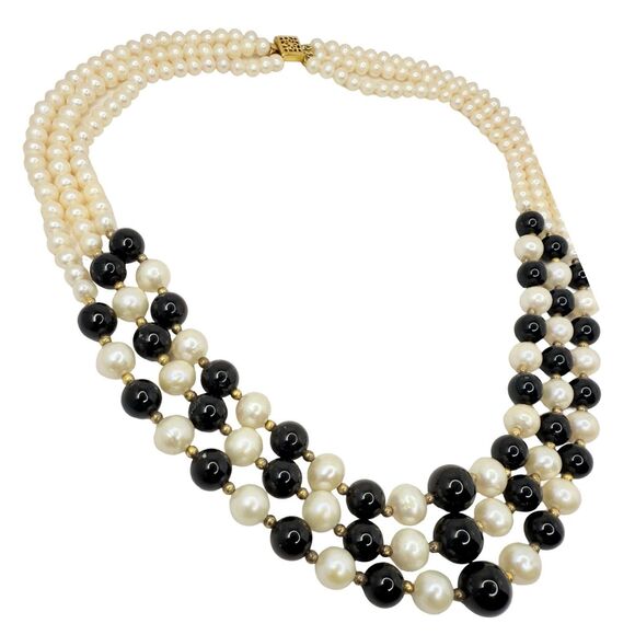 VTG White Pearl & Onyx Multi Strand Necklace 18" Gold Over 925 Sterling Silver - Picture 6 of 12